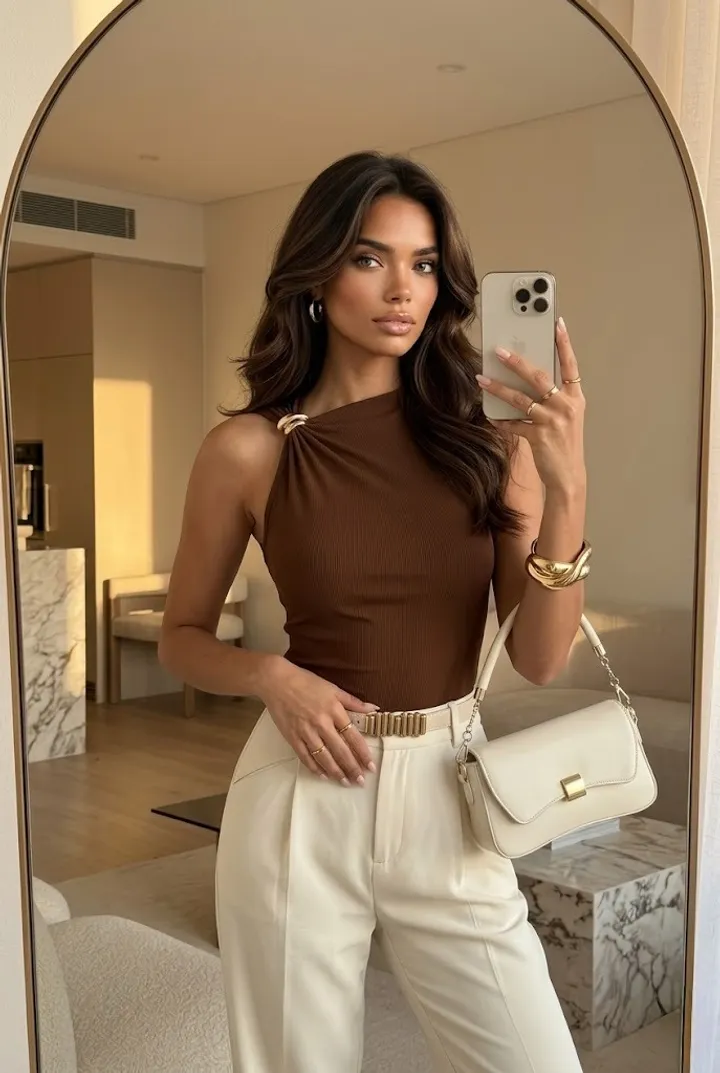 Rich girl inspired outfit with a chocolate brown asymmetrical sleeveless top, cream trousers, gold accessories, and a white shoulder bag in warm lighting.