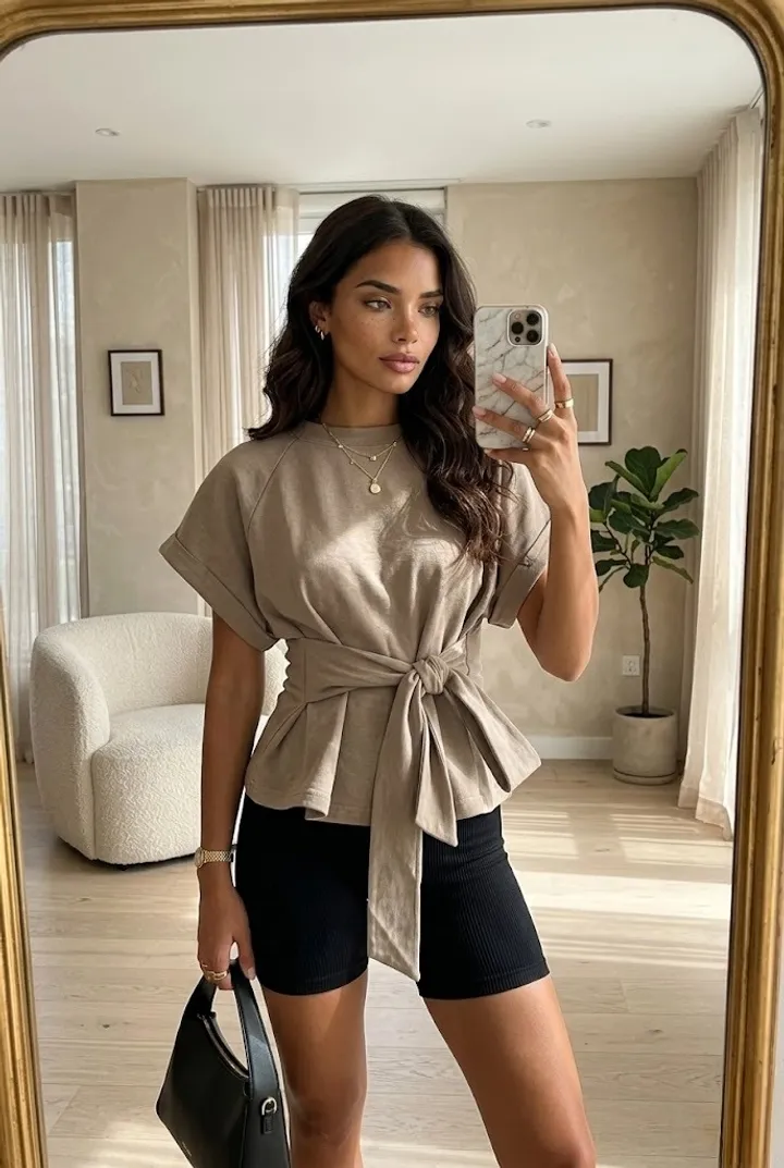 Woman wearing a taupe tie-waist structured summer top with black fitted shorts and minimal gold jewelry in a clean neutral mirror selfie setting.