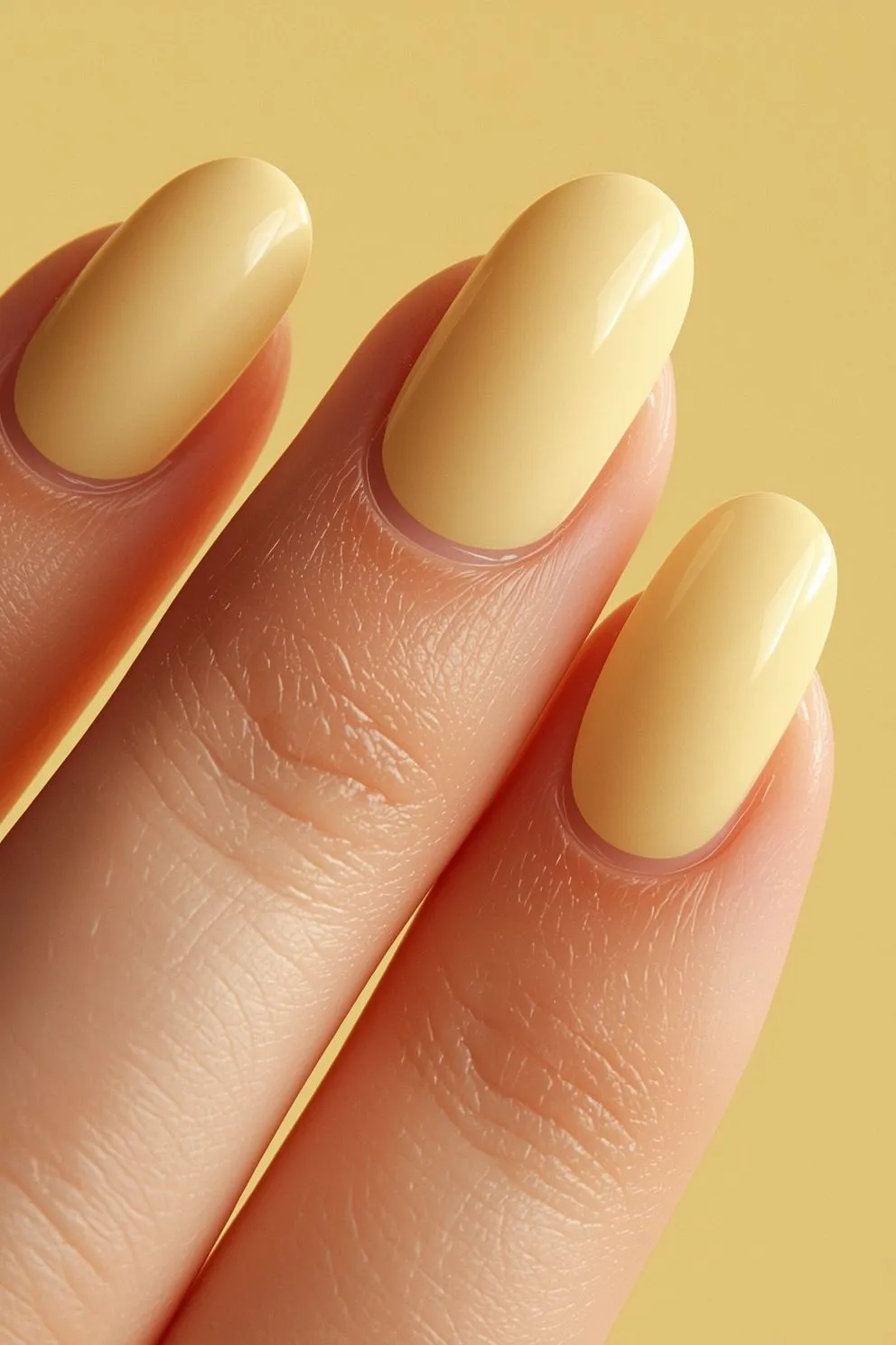 Soft butter yellow glossy nails on short oval shape, minimal clean girl summer nail aesthetic with smooth finish