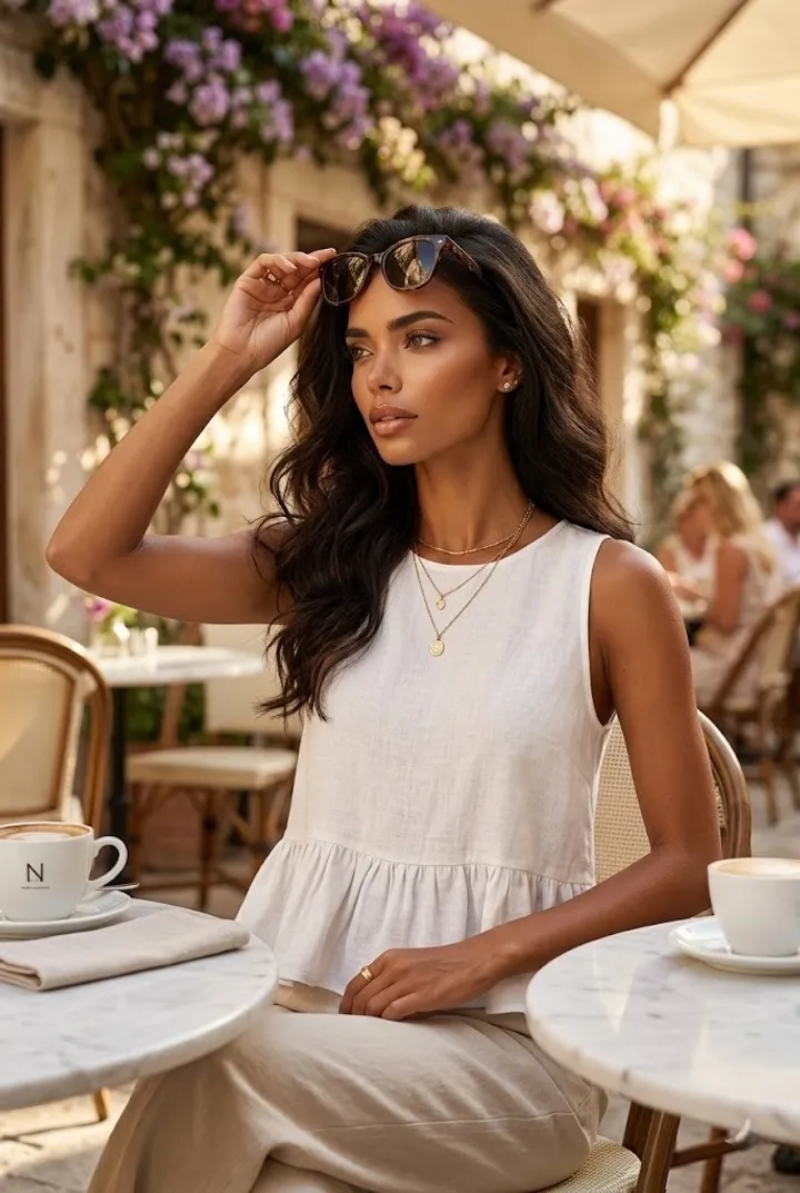 Woman wearing a white linen peplum sleeveless top with beige linen pants in a bright minimal luxury home interior.