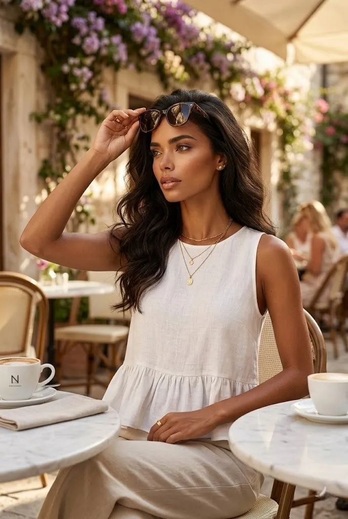 Woman wearing a white linen peplum sleeveless top with beige linen pants in a bright minimal luxury home interior.