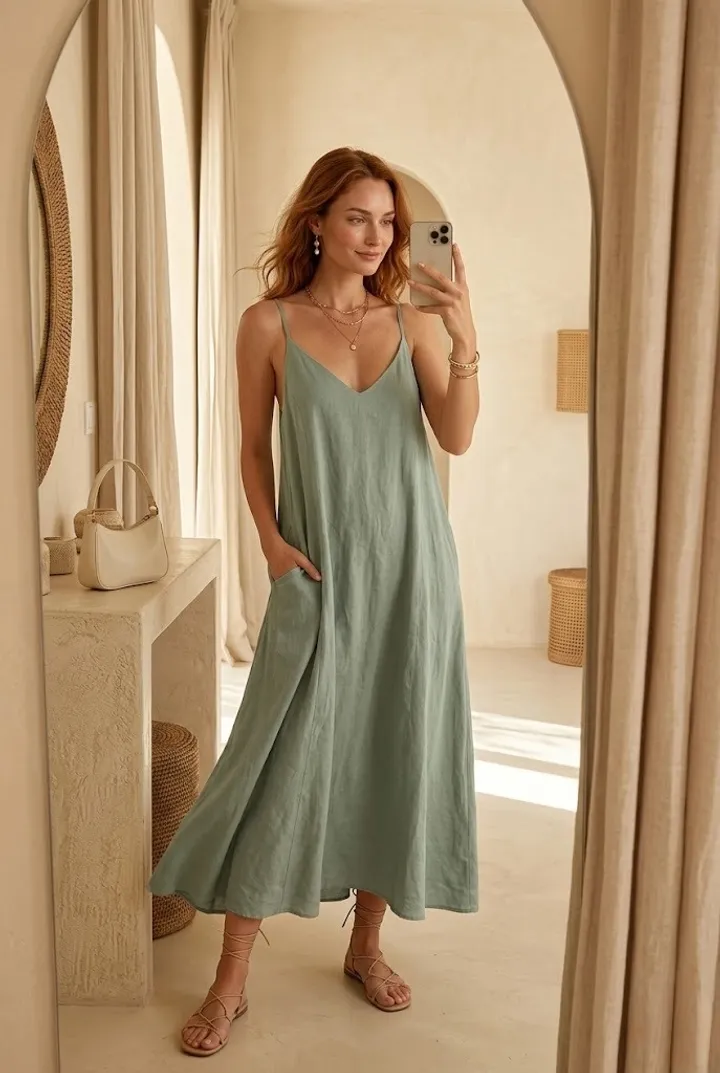 Woman in a soft sage green flowy slip dress taking a mirror selfie in a neutral-toned luxury vacation room, styled with lace-up sandals and delicate jewelry