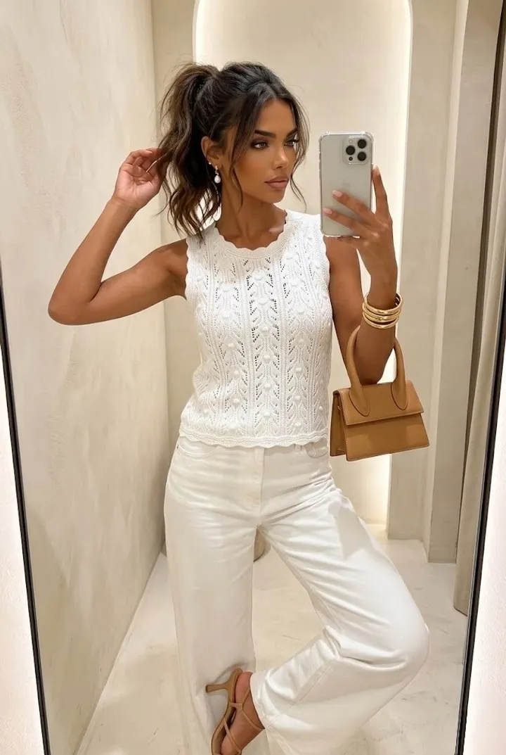 Woman wearing a white crochet sleeveless knit top with white trousers and tan heels in a soft luxury mirror selfie outfit.