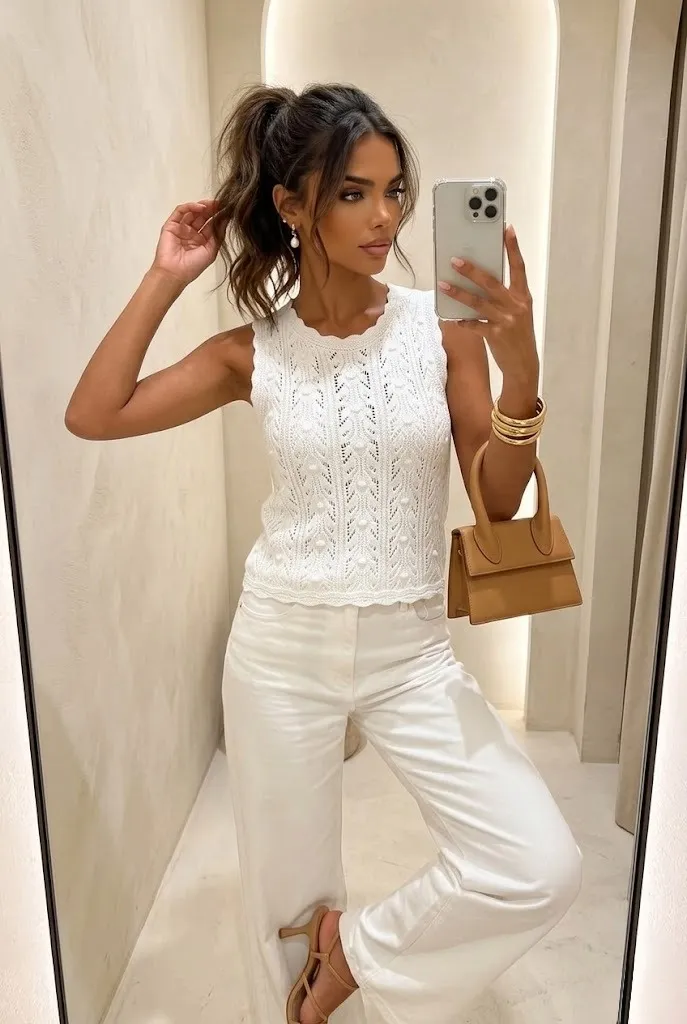 Woman wearing a white crochet sleeveless knit top with white trousers and tan heels in a soft luxury mirror selfie outfit.