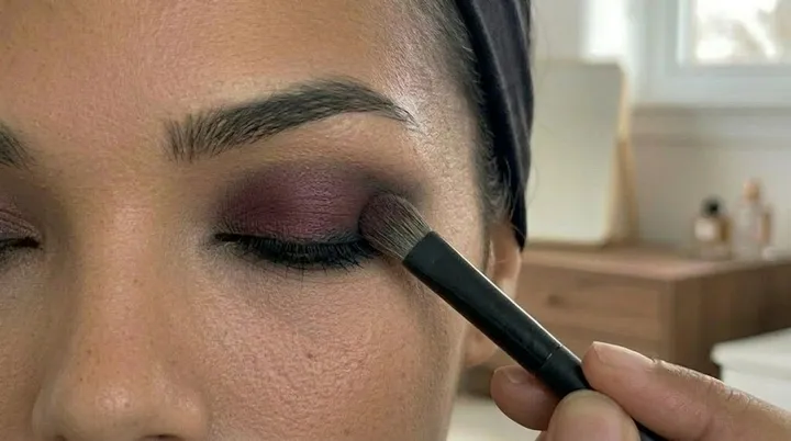 Burgundy plum eyeshadow blended over a black smokey eye using a fluffy makeup brush for a romantic gothic eye look.