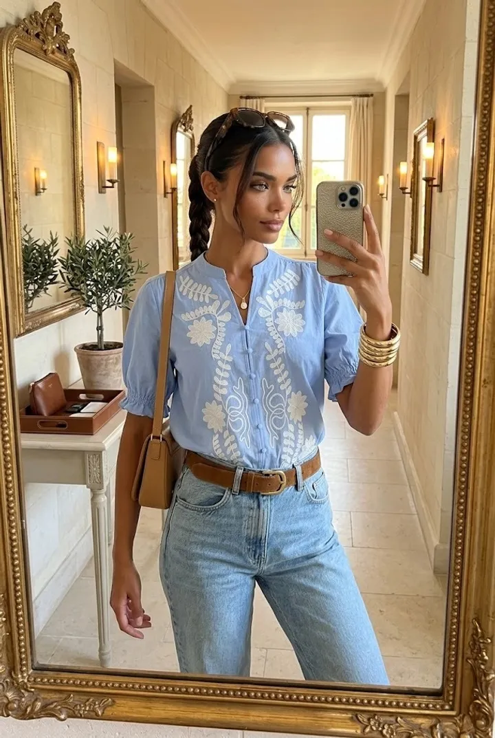 Woman wearing a light blue embroidered summer blouse with denim jeans, gold bangles, and a tan shoulder bag in a classy hallway mirror selfie.