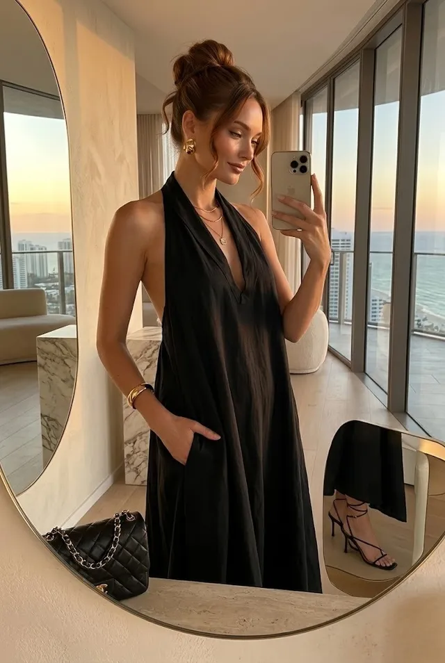 Luxury summer dresses collage featuring elegant women in designer-inspired Amazon dresses under $50, including satin slip dresses, black maxi dresses, butter yellow sundresses, and classy vacation outfits in aesthetic mirror selfie photography