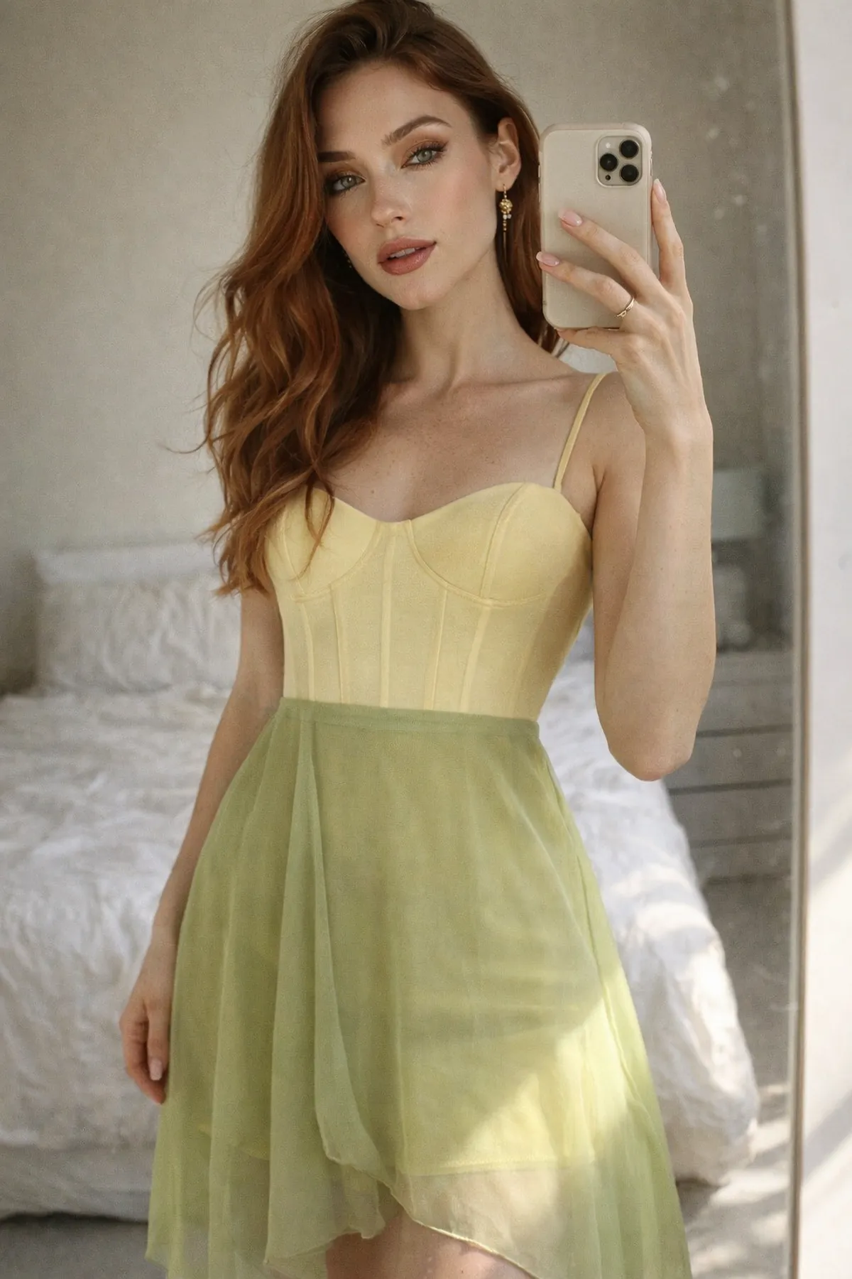Woman wearing a butter yellow corset top with a soft flowing pastel green skirt, styled as a feminine spring outfit idea.