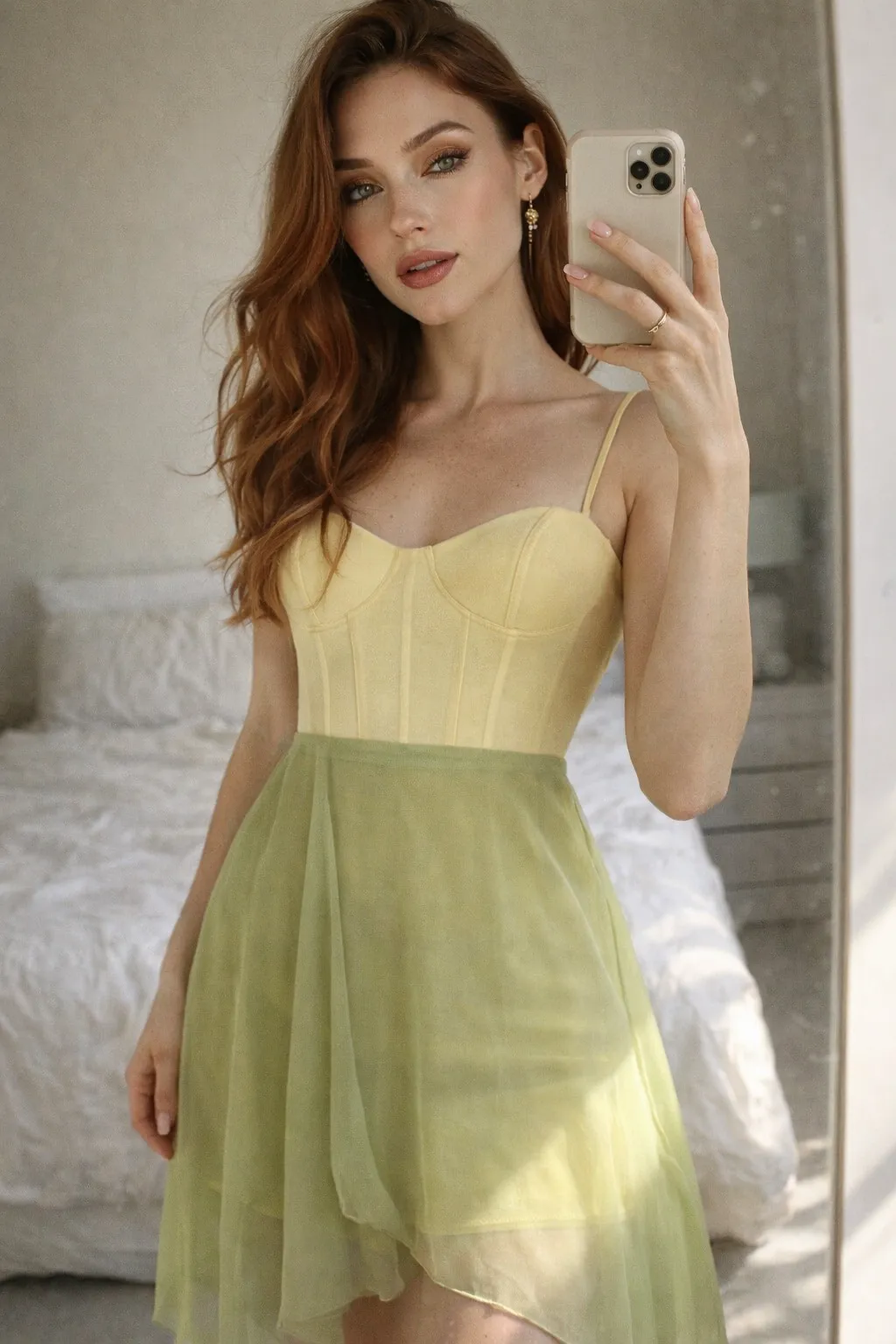 Woman wearing a soft butter yellow corset top with a light flowing green skirt, styled for a feminine spring outfit look.