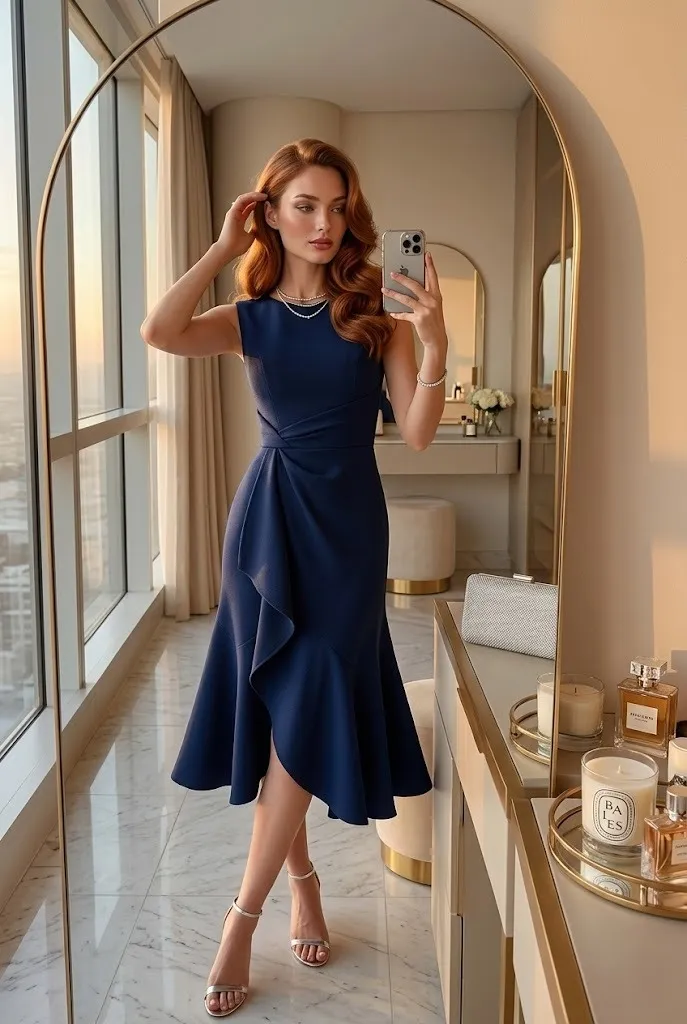 Woman wearing an elegant navy blue cocktail-style midi dress with draped waist detail in a luxury mirror selfie, styled with silver heels and polished evening makeup