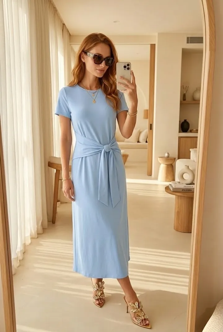 Woman in a soft powder blue midi dress with waist tie detail taking a mirror selfie in a luxury neutral-toned room, styled with gold heels and classy summer accessories