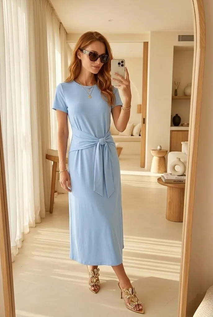 Woman in a soft powder blue midi dress with waist tie detail taking a mirror selfie in a luxury neutral-toned room, styled with gold heels and classy summer accessories
