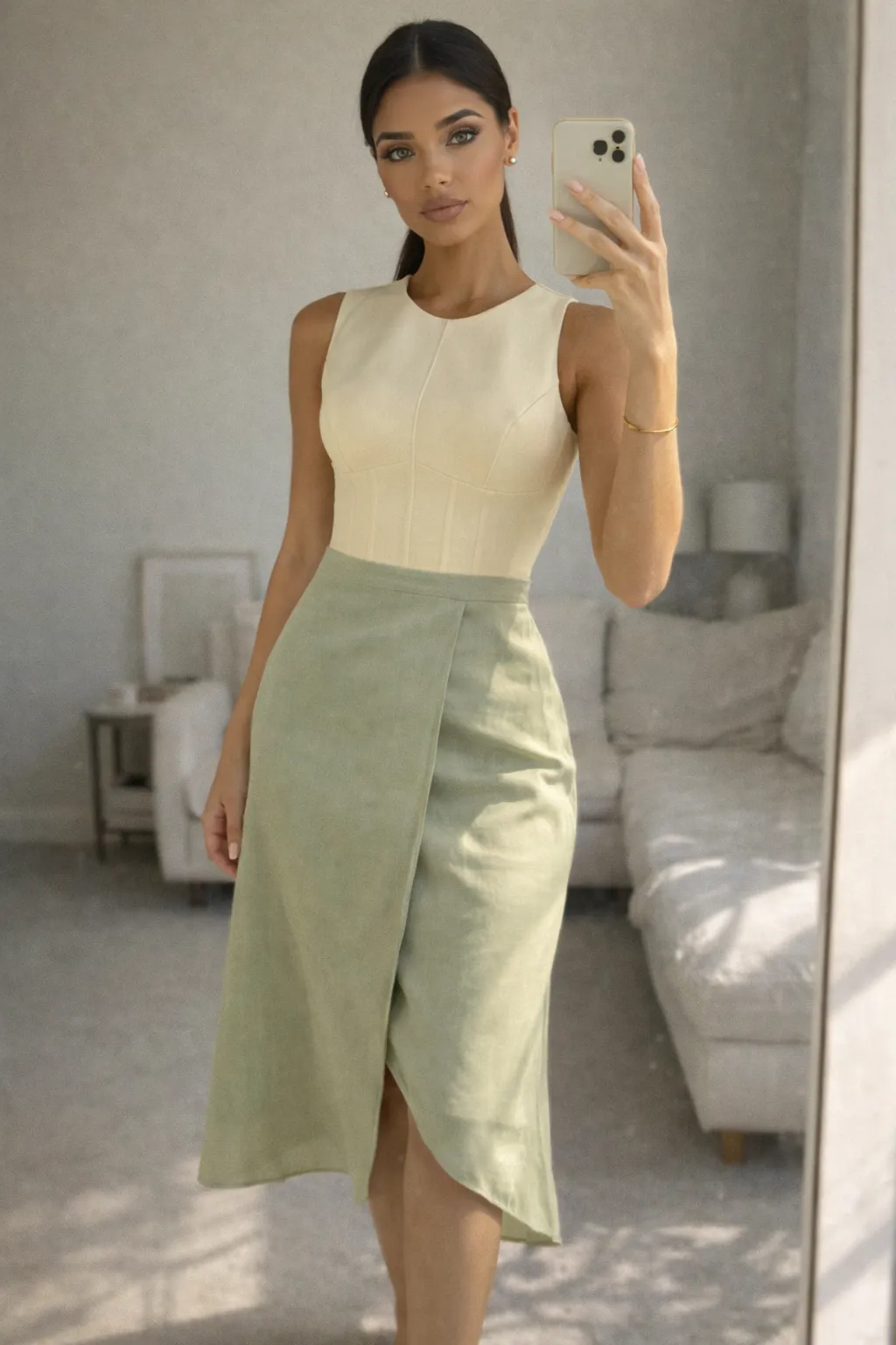 Elegant spring outfit featuring a cream corset-style top paired with a sage green wrap skirt for a soft minimal look.