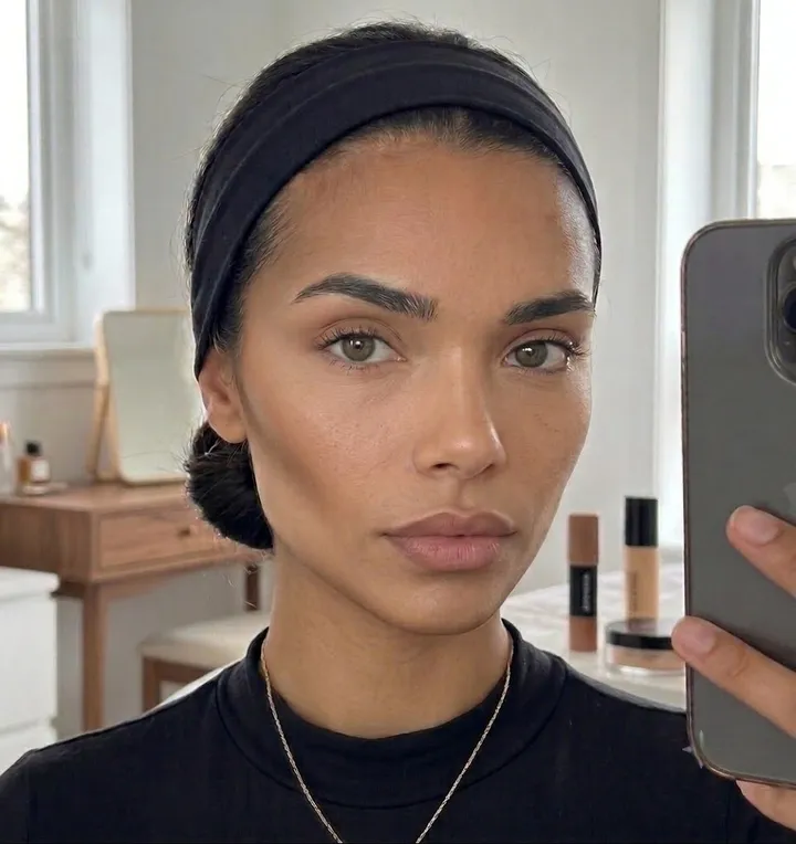 Woman with clean natural skin, hazel-green eyes, and minimal makeup wearing a black headband before starting a Vamp Romantic makeup tutorial.