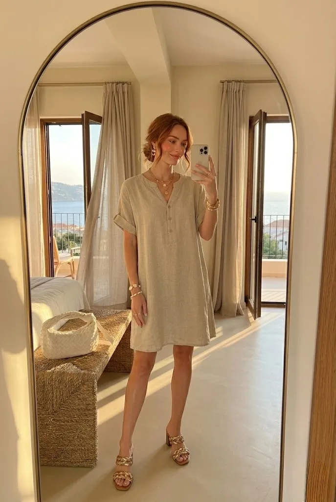 Woman wearing a relaxed beige linen-style mini dress with gold accessories in a luxury resort-style mirror selfie room with warm golden-hour lighting.
