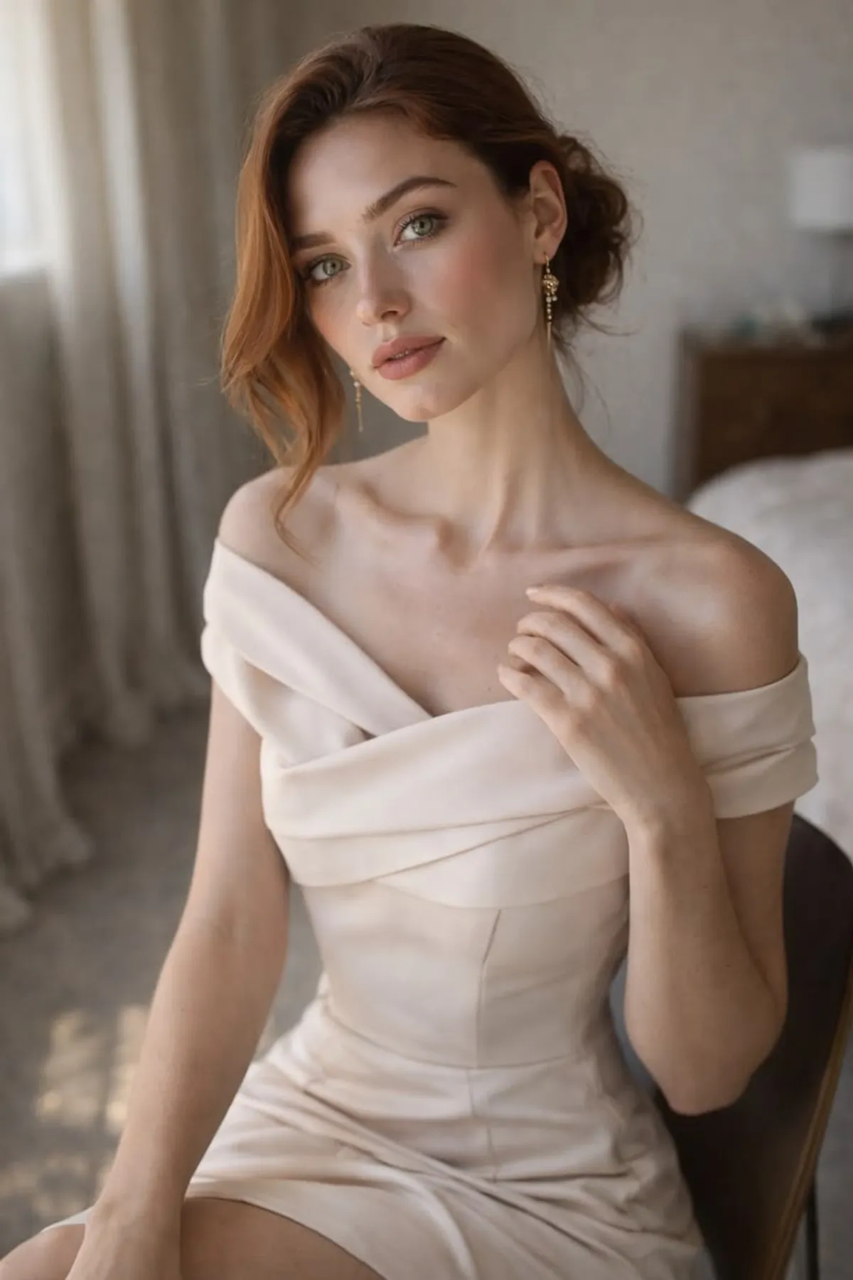 Romantic off-shoulder beige dress with a soft fitted silhouette, styled with subtle makeup and delicate earrings for a feminine and elegant date night look.