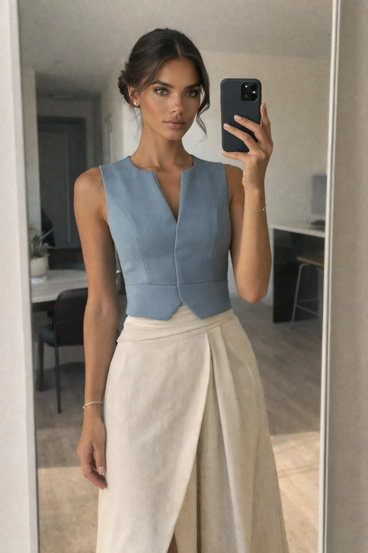 Woman wearing a structured dusty blue vest top with a cream wrap midi skirt, styled as a modern spring work outfit.