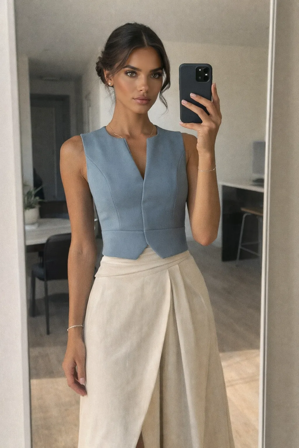 Woman wearing a structured dusty blue vest top with a cream wrap midi skirt, styled as a modern spring work outfit.