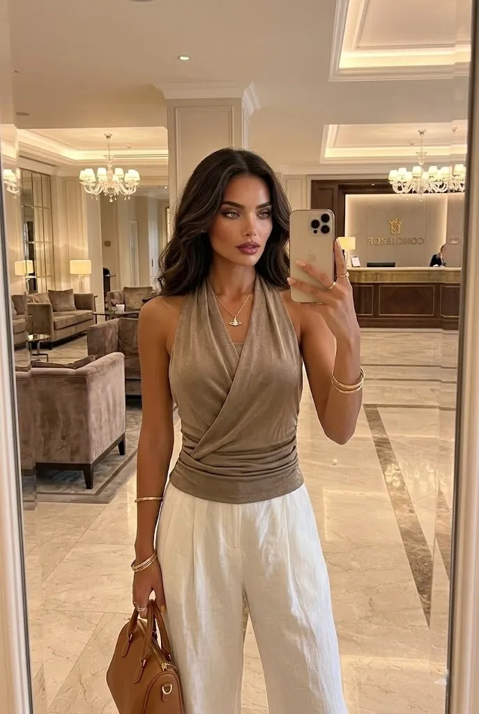 Woman in a taupe halter wrap summer top styled with white linen trousers and gold accessories in an elegant hotel mirror selfie.