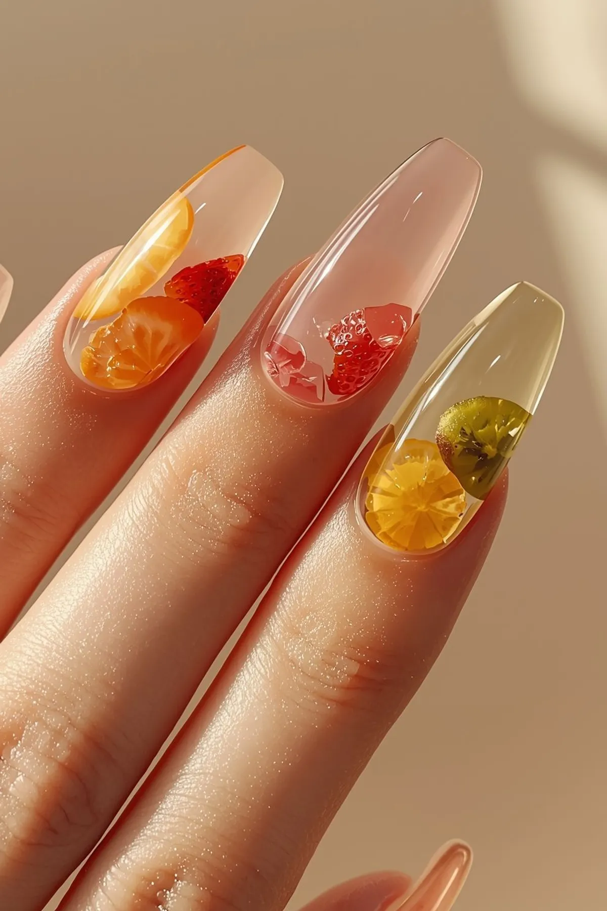 Ultra-realistic summer nails with transparent glass design featuring embedded citrus slices including orange, strawberry, and kiwi on long glossy almond-shaped nails