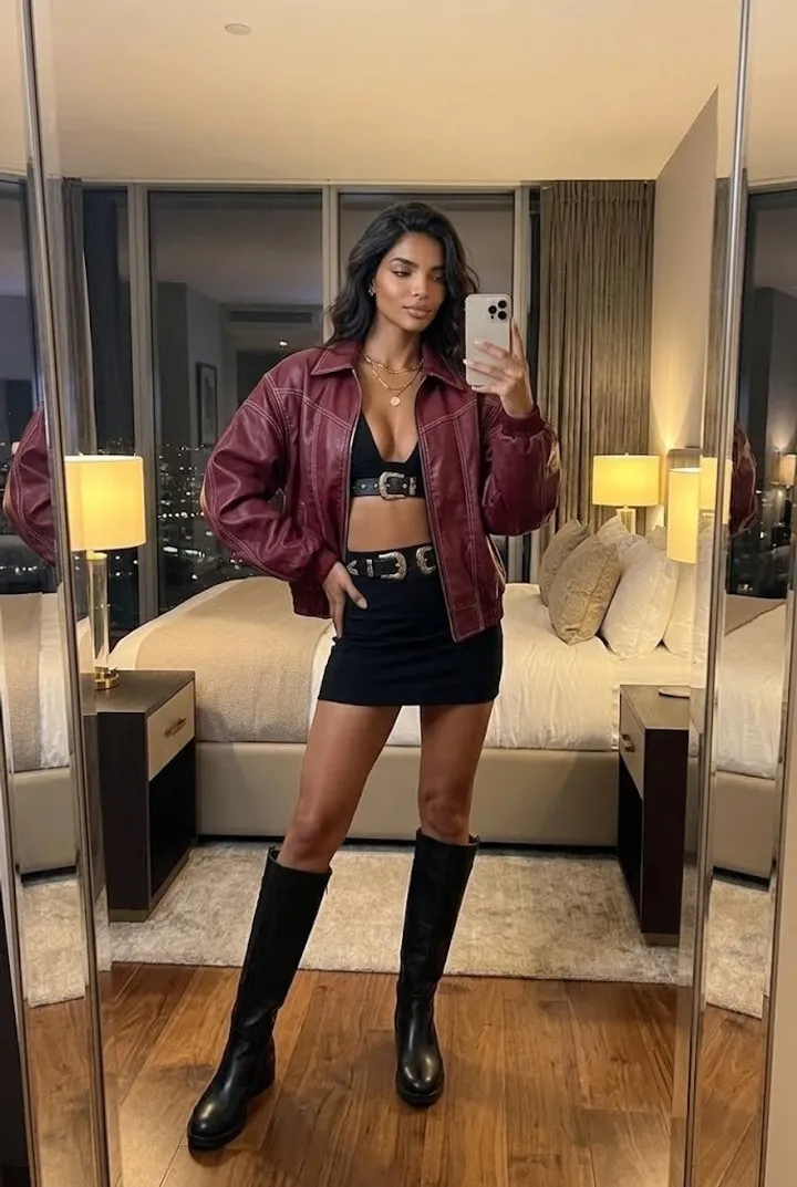 Aurora Noir wearing an affordable recreation of Allie Hayes' burgundy leather outfit with shopping links to similar fashion pieces.