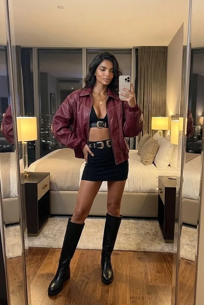 Aurora Noir wearing an affordable recreation of Allie Hayes' burgundy leather outfit with shopping links to similar fashion pieces.