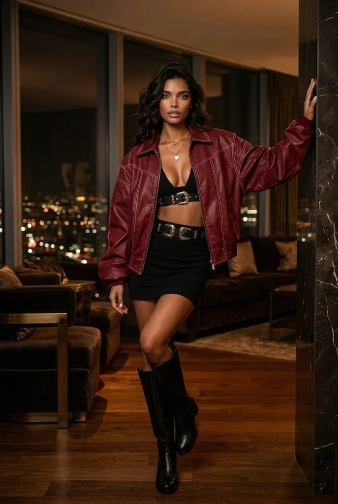 Original Allie Hayes burgundy leather outfit from the Off Campus series featuring a red leather jacket, black buckle top, mini skirt, and knee-high boots.