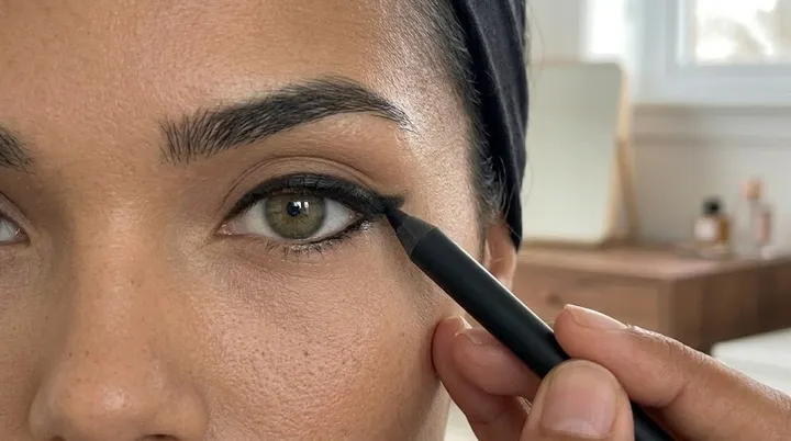 Close-up of black kohl eyeliner being applied along the upper lash line to create the base for a smudged smokey eye makeup look.