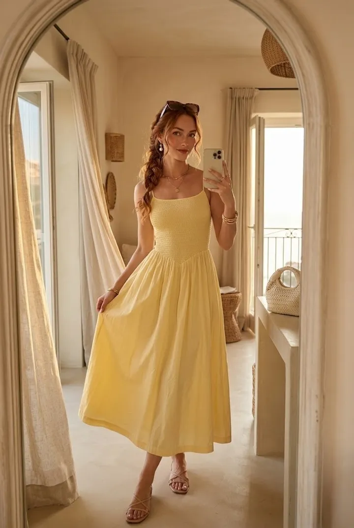 Woman in a soft pastel yellow sundress posing in a warm European-inspired mirror selfie room with woven accessories and feminine summer styling.