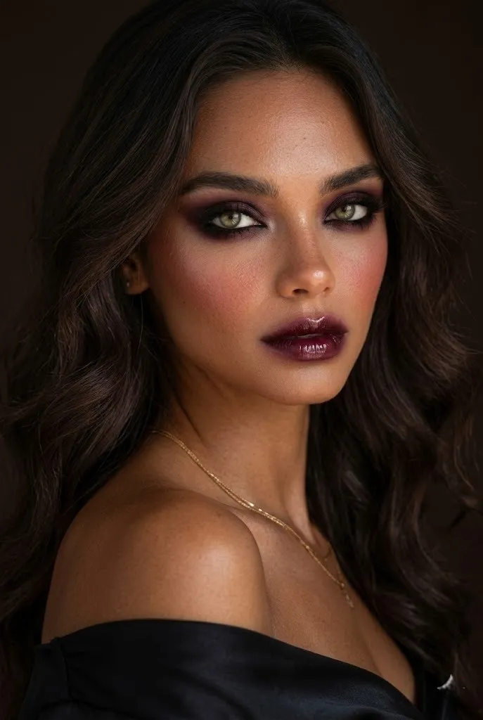 Close-up portrait highlighting hazel-green eyes, smudged kohl eyeliner, burgundy eyeshadow, and glossy dark wine lips.