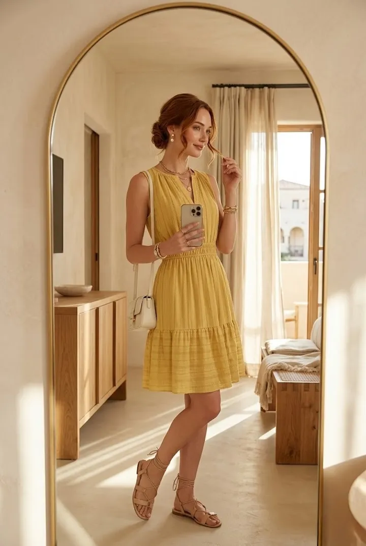 Woman wearing a feminine butter yellow sleeveless summer dress with a gathered waist and lace-up sandals, posing in a dreamy European-inspired mirror selfie setting.