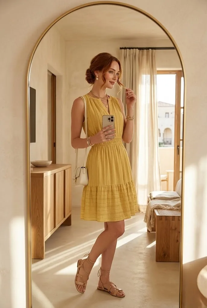 Woman wearing a feminine butter yellow sleeveless summer dress with a gathered waist and lace-up sandals, posing in a dreamy European-inspired mirror selfie setting.