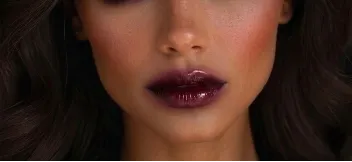 Close-up of glossy diffused wine lips with deep berry lipstick, soft blurred edges, and high-shine finish for a Vamp Romantic makeup look.