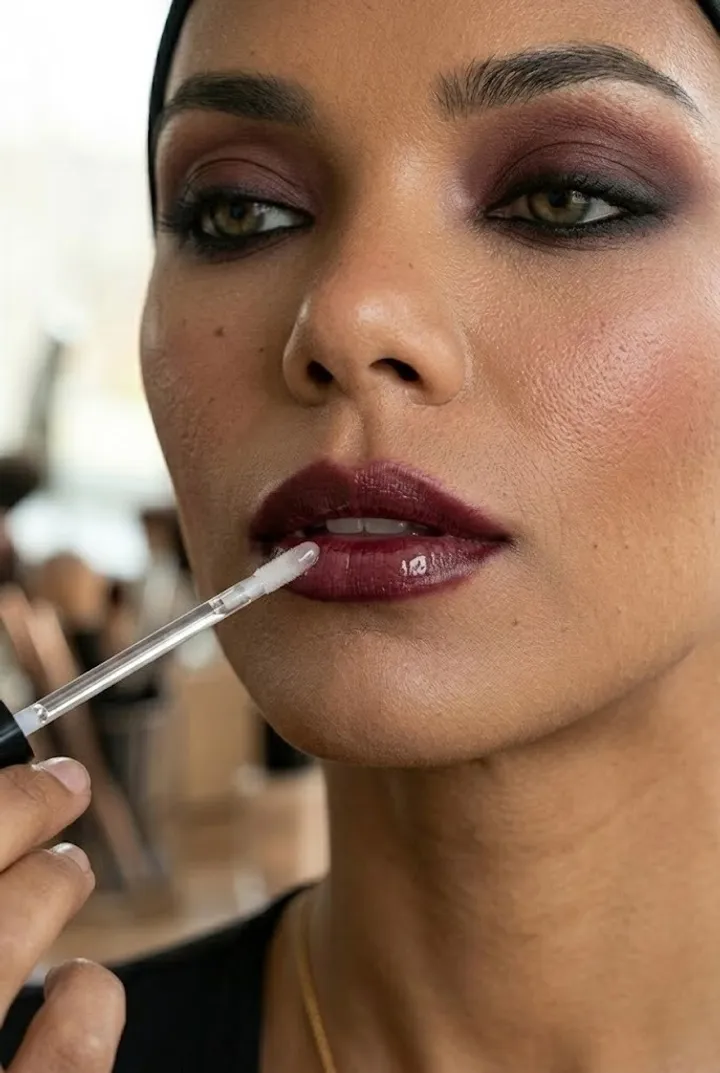 Clear lip gloss applied to the center of deep berry lips for a glossy diffused wine lip finish.