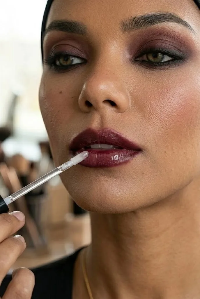 Clear lip gloss applied to the center of deep berry lips for a glossy diffused wine lip finish.