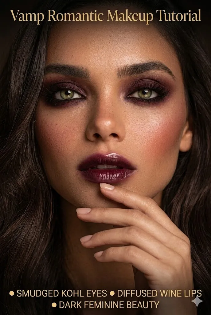 Woman wearing Vamp Romantic makeup featuring smudged kohl smokey eyes, glossy diffused wine lips, and dark feminine beauty with hazel-green eyes.
