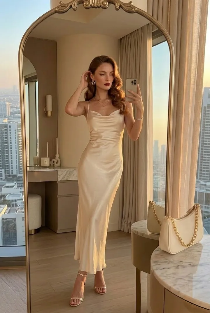 Elegant woman wearing a champagne satin slip maxi dress in a luxury high-rise hotel mirror selfie with golden sunset lighting and classy evening accessories