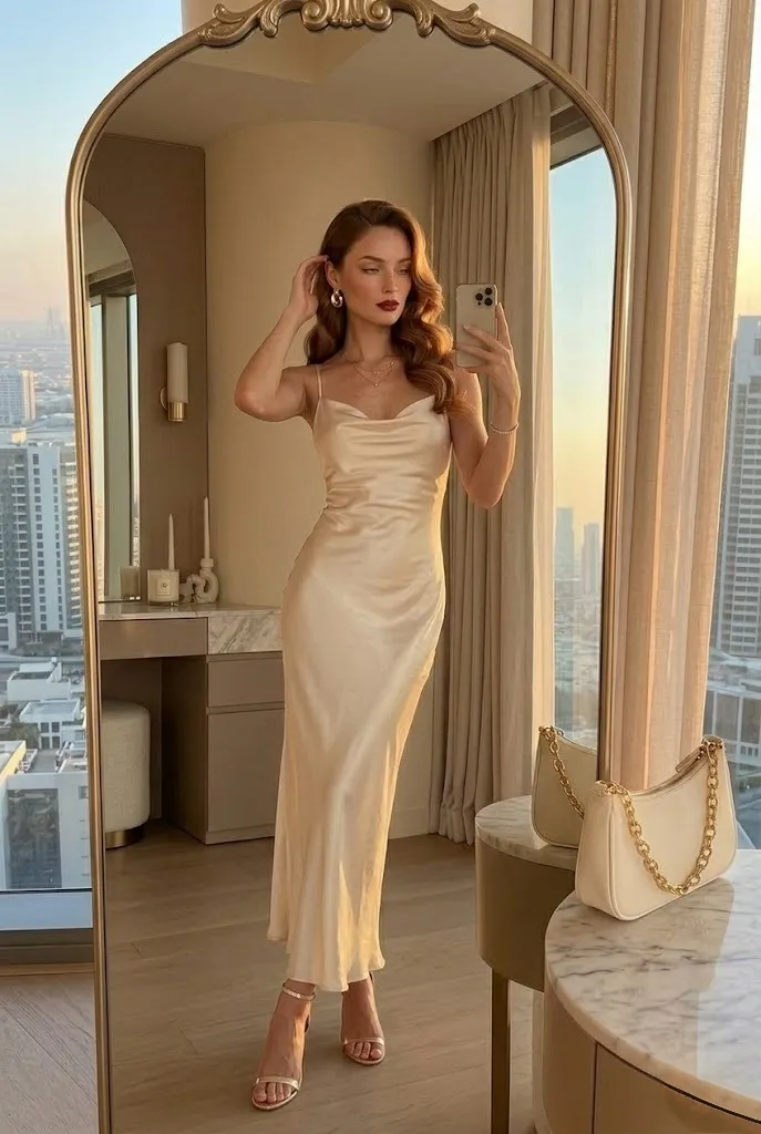 Elegant woman wearing a champagne satin slip maxi dress in a luxury high-rise hotel mirror selfie with golden sunset lighting and classy evening accessories