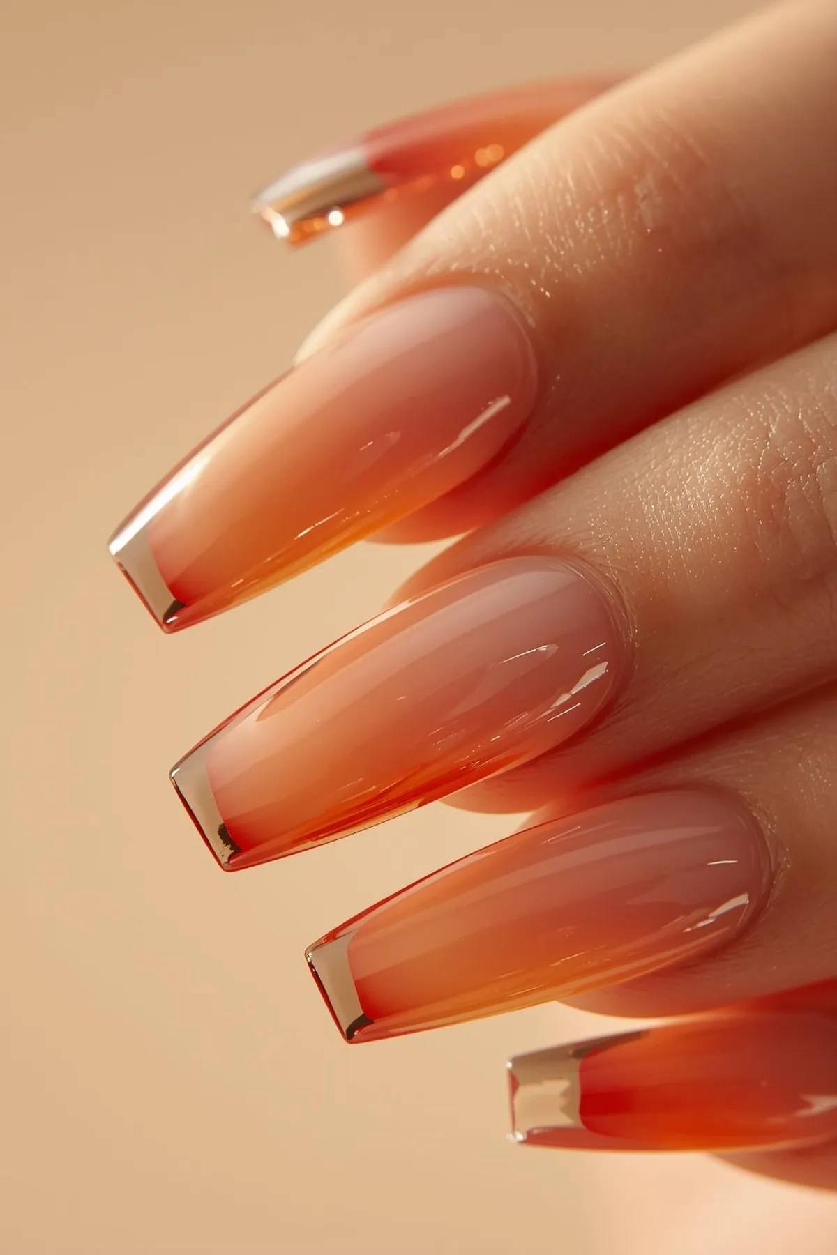 Transparent glass nails with orange to peach ombre gradient, glossy coffin-shaped nails reflecting sunset-inspired summer nail design