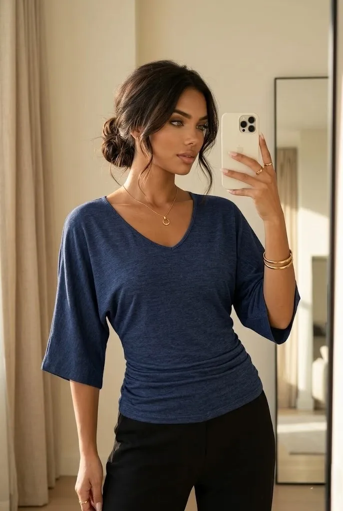 Brunette woman in a relaxed navy blue summer work top paired with black trousers and gold accessories, posing in a cozy minimalist mirror selfie aesthetic.