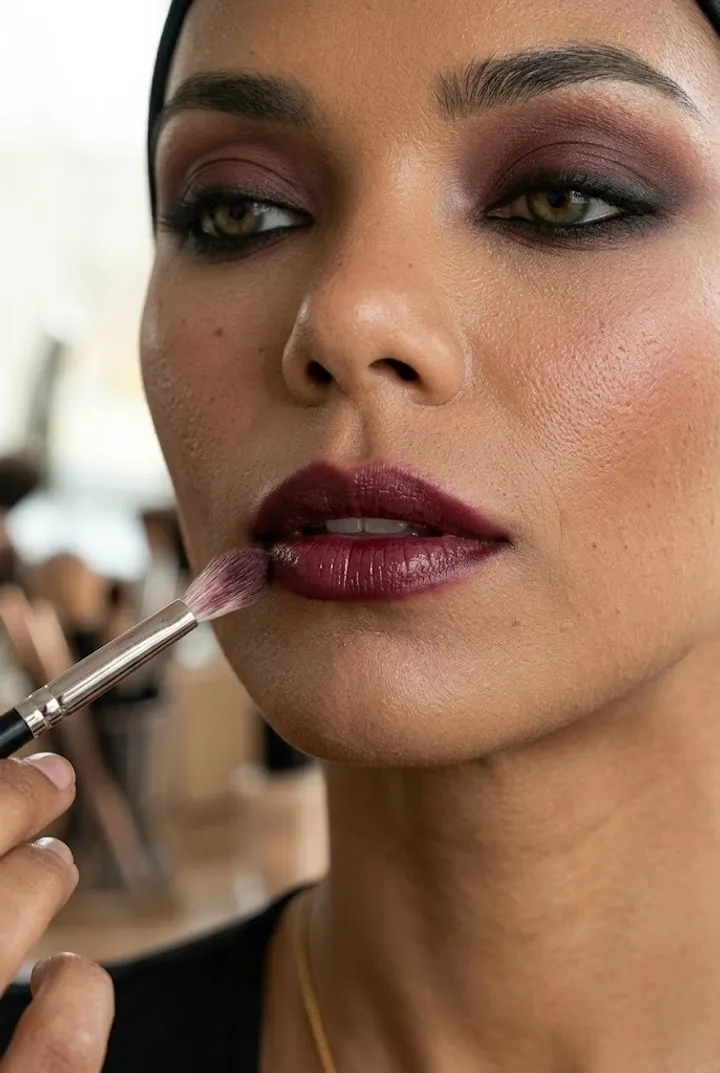 Makeup brush softly blending the edges of dark berry lipstick to create a diffused romantic lip effect.