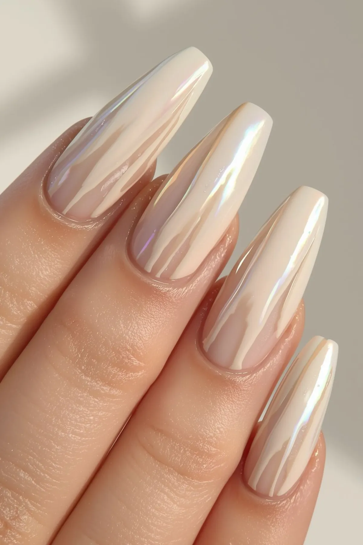 Glossy pearl chrome nails with soft iridescent reflection, long almond-shaped nails with glazed mirror finish for summer
