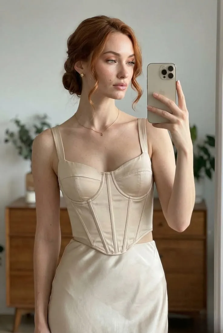 Elegant neutral date night outfit featuring a structured beige corset top paired with a soft cream skirt, styled with minimal gold jewelry and natural makeup for a clean, soft luxury aesthetic.