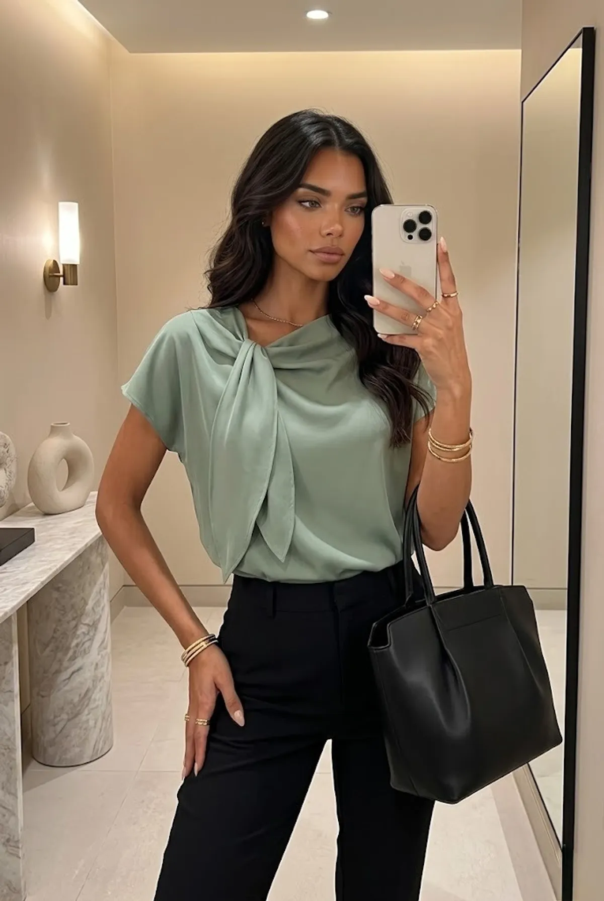 Stylish woman wearing a sage green satin blouse with scarf-tie detail and black tailored pants, holding a black tote bag in a modern luxury interior.