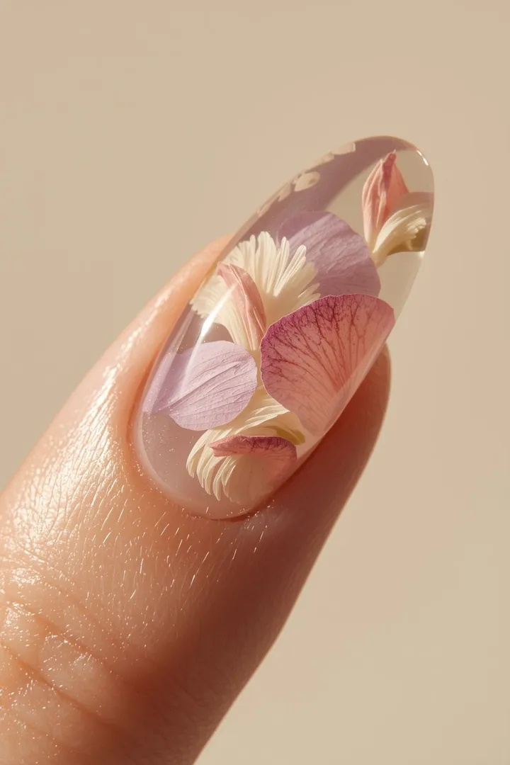 Clear gel nails with embedded pastel flower petals, soft pink and cream floral encapsulated nail art on almond-shaped nails
