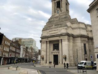 Freemasons’ Hall, with examples of the notorious "Camden Bench" visible in the foreground