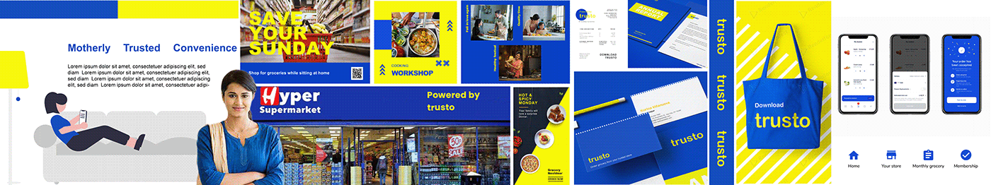 Trusto brand stylescape with photography, colors, stationery and phone screens