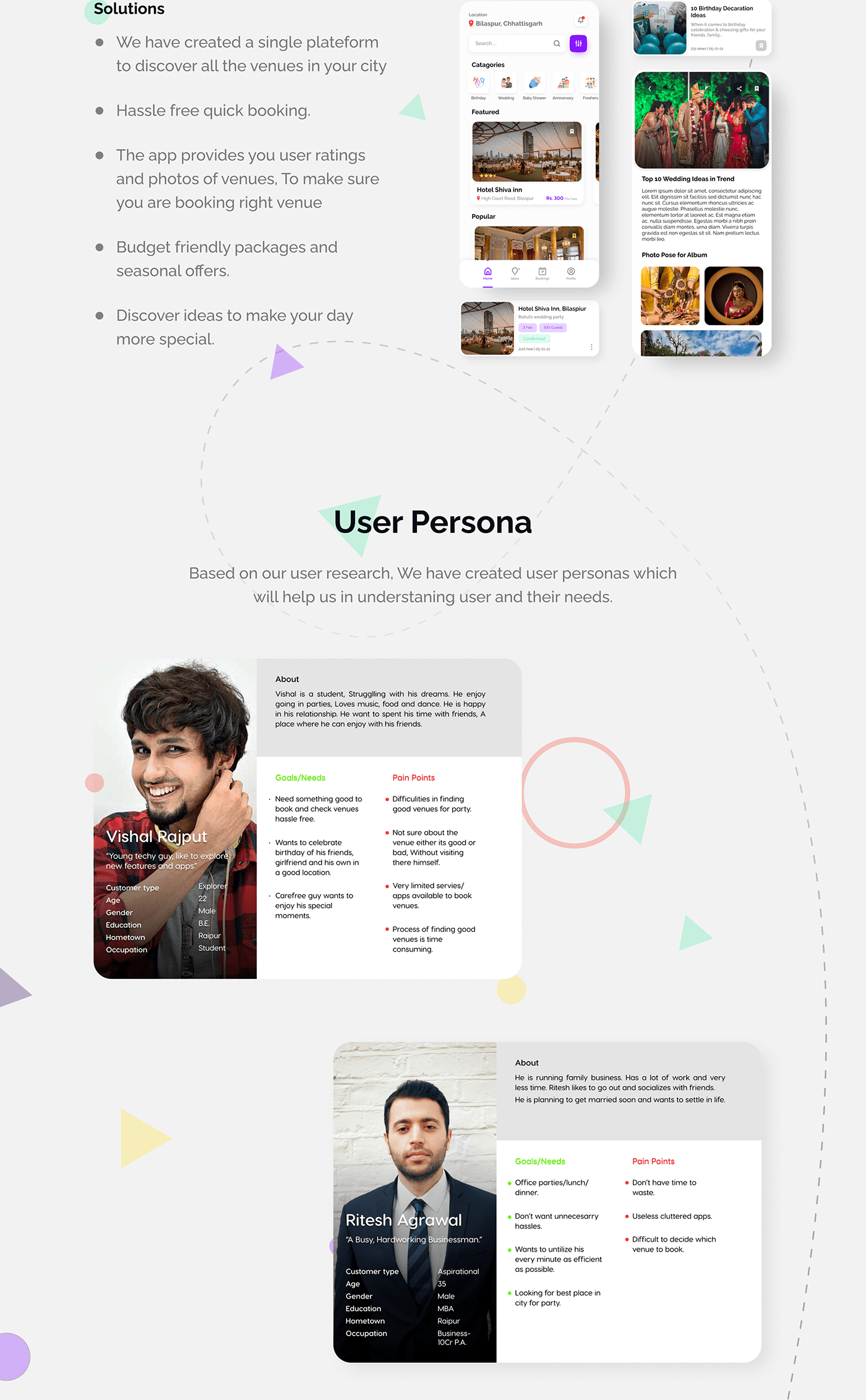 Shril solutions list beside the home screen, an ideas article and the first user persona