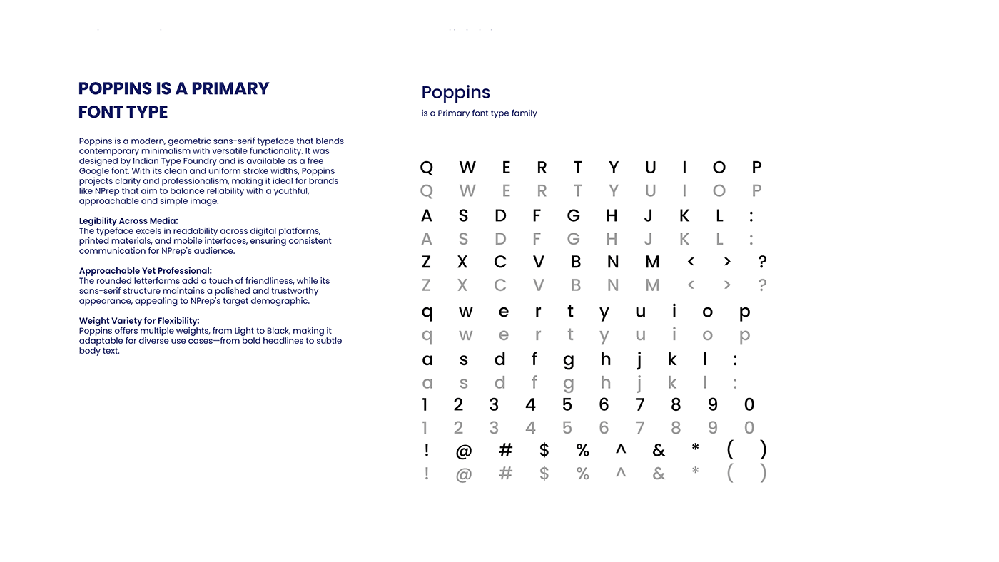 Poppins specimen with the full character set, the primary typeface for NPrep