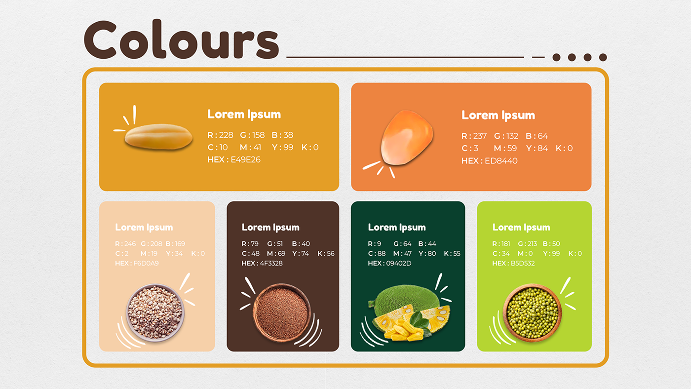 Gudroots color palette with amber, orange, cream, brown, deep green and lime swatches, each with an ingredient